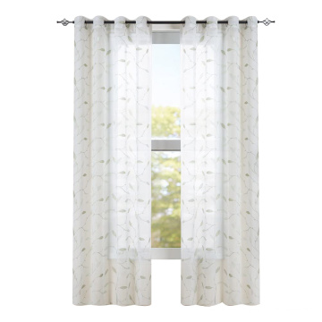 Living Room Floral Leaf Grommet Embroidery Sheer Curtains Voile Window Curtains